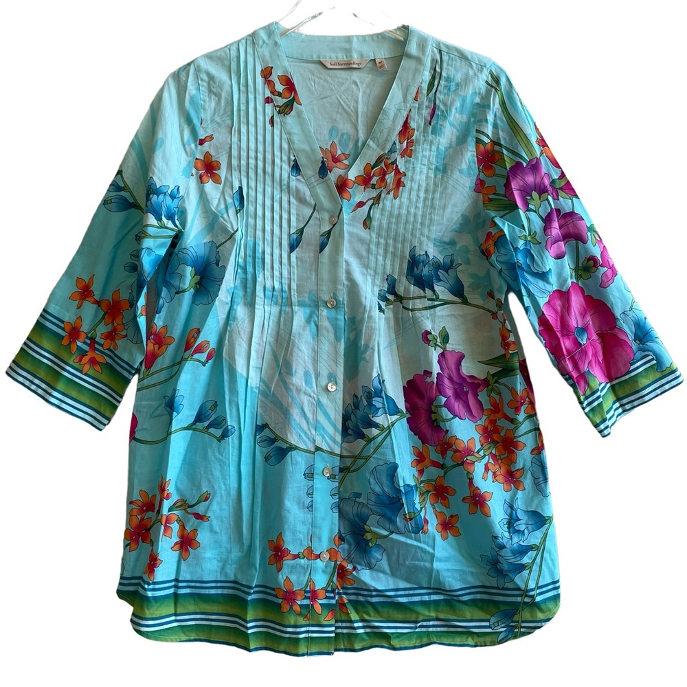 Soft Surroundings top Size medium MP blue pink floral #39986 cotton NWOT butt…